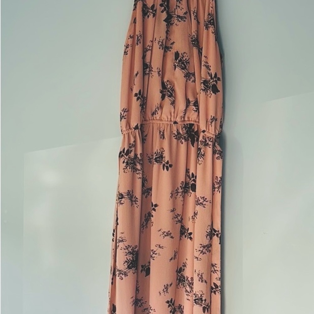 Flowing, lined, floor length, pale pink dress